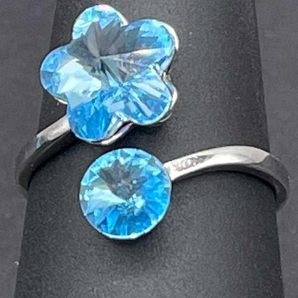 Light Blue Crystal Star & Circle Silver Ring 7.5 w/Gift Box -NEW